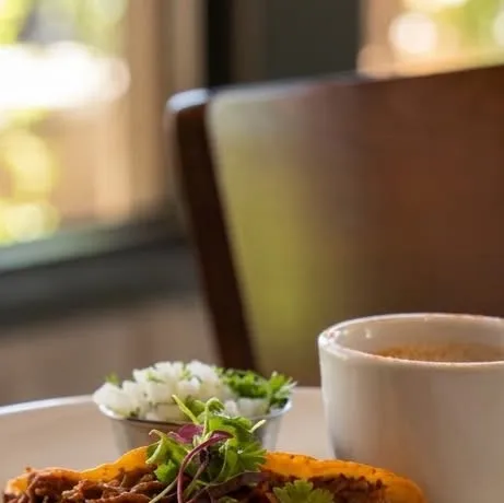 Una quesabirria dorada en un plato con su taza de consomé.